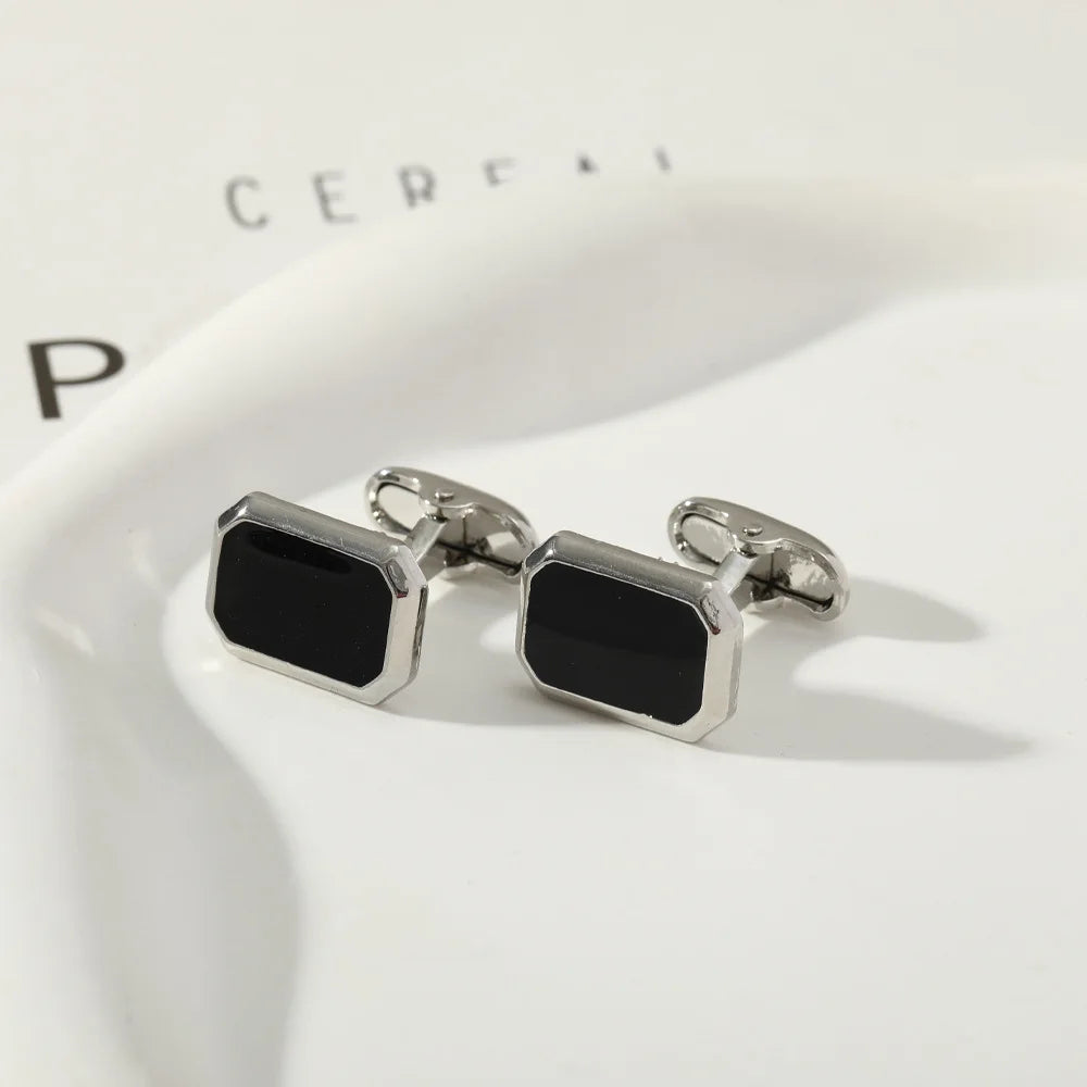 Men's French Style Angular Rectangle Formal Black & Silver Cufflinks - Lovez Aqua© -