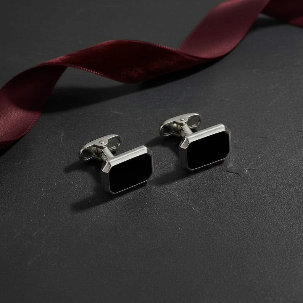 Men's French Style Angular Rectangle Formal Black & Silver Cufflinks - Lovez Aqua© -