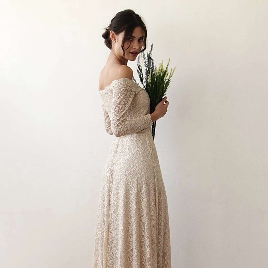 Champagne Off-The-Shoulder Long Sleeve Lace Wedding Dress with Scallop Neckline - Lovez Aqua© -