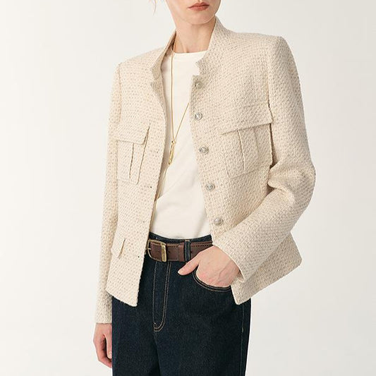 Women's Woolen Blend Tweed Cropped Blazer Jacket with Stand Collar