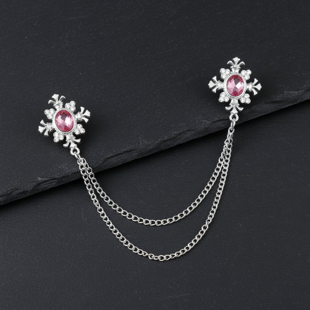 Men's Vintage Double Tassel Chain Crystal Baroque Style Brooch - Lovez Aqua© - Sliver Pink