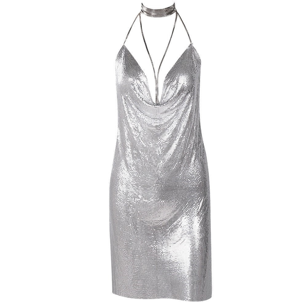 Women's Metallic Chainmail Mini Party Dress - Lovez Aqua© - Silver / XS