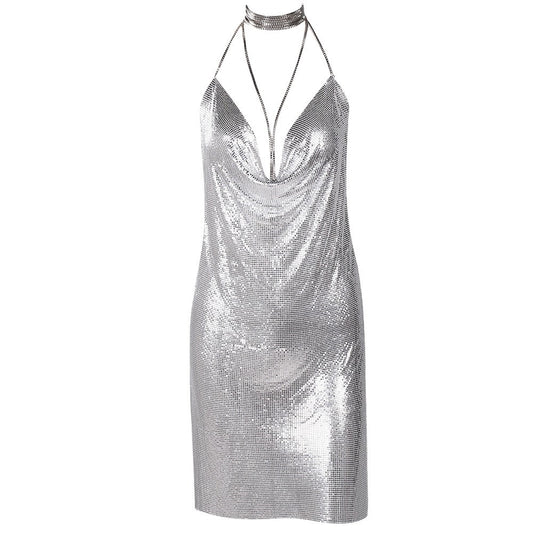 Women's Metallic Chainmail Mini Party Dress - Lovez Aqua© - Silver / XS