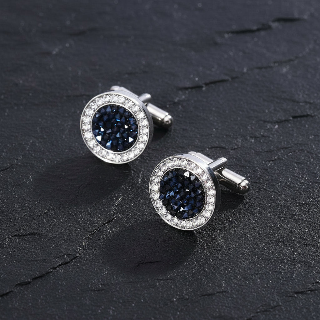 Luxury Men's Crystal & Agate Encrusted Round Cufflinks - Lovez Aqua© -