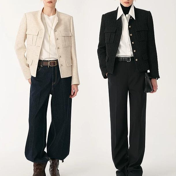 Women's Woolen Blend Tweed Cropped Blazer Jacket with Stand Collar