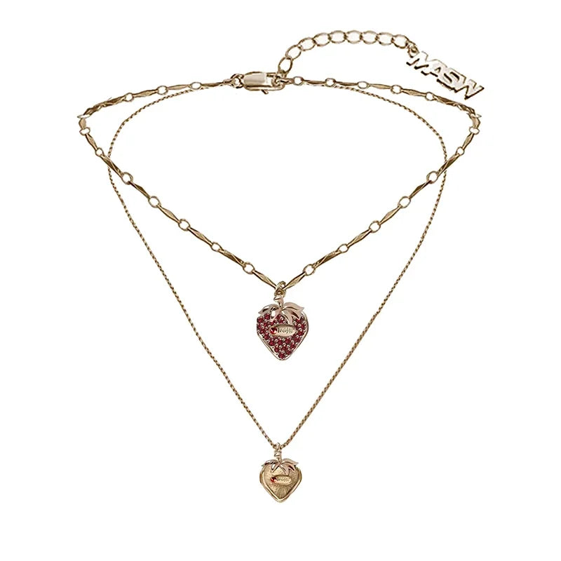 Women's Gothic Faux Leather Choker Necklace/Earrings with Gold Strawberry Charms - Lovez Aqua© - Necklace