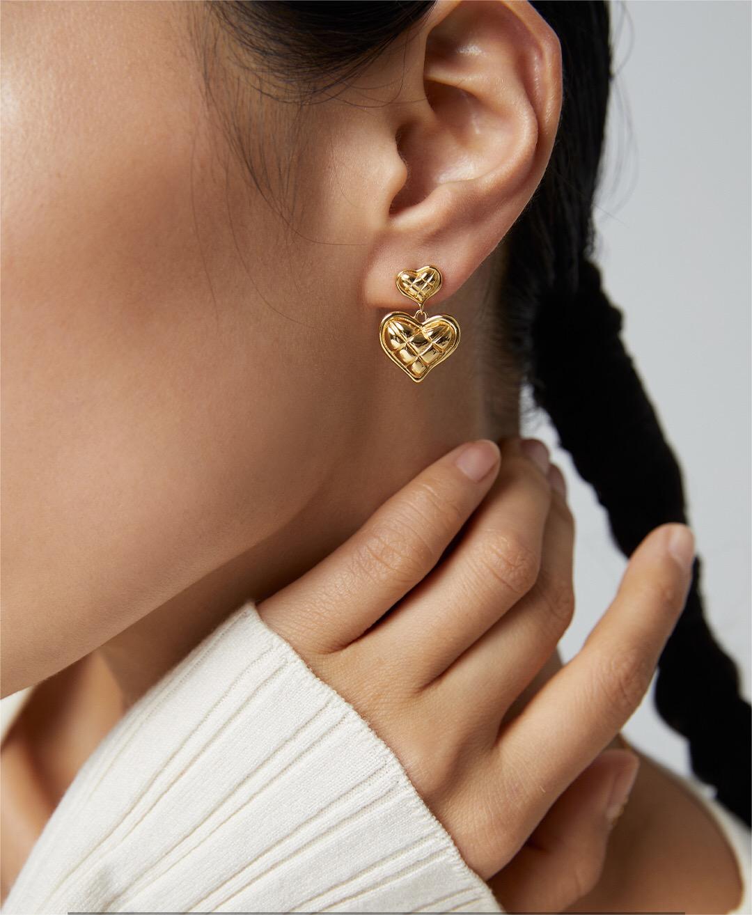 Women's 18ct Gold Vermeil Quilted Heart Shaped Drop Earrings - Lovez Aqua© -