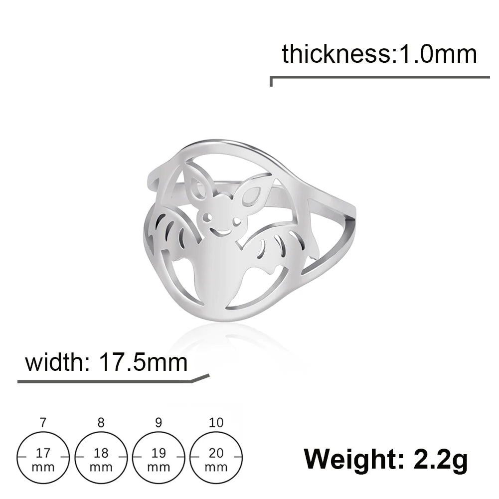 Women's Gothic Punk Crescent Moon & Bat Stainless Steel Ring - Lovez Aqua© - Silver 1 / 7