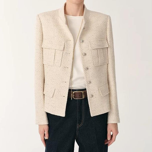 Women's Woolen Blend Tweed Cropped Blazer Jacket with Stand Collar