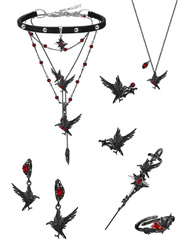 Women's Gothic Ruby Red Crystal & Black Iron Raven Chain Brooch - Lovez Aqua© -