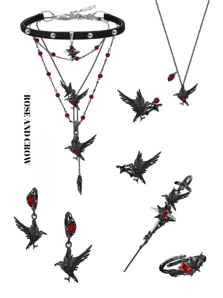 Rustic Gothic Black Raven & Red Garnet Beaded Crystal Women's Bracelet - Lovez Aqua© -