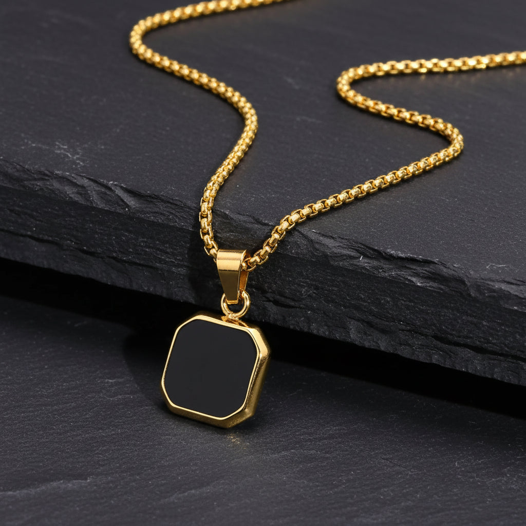 Men's Geometric Lapis Lazuli/Black Enamel Stone Square Pendant Necklace - Lovez Aqua© -