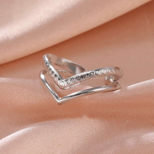 Women's Minimalist V-Shaped Double Layer Stainless Steel Open Rings - Lovez Aqua© - Silver