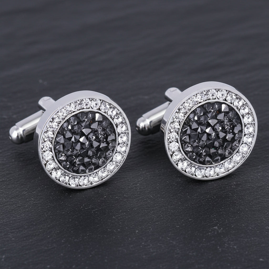 Luxury Men's Crystal & Agate Encrusted Round Cufflinks - Lovez Aqua© - Black