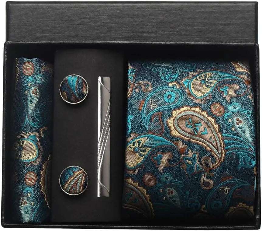 Men's Luxury Silk Paisley Floral Necktie, Pocket Square, Clip & Cufflinks Set - Lovez Aqua© - BF1
