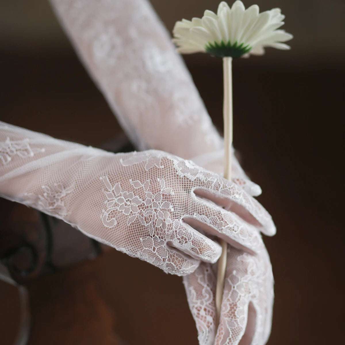 Women's White Long Eyelash Edge Appliquéd Lace Bridal Wedding Gloves - Lovez Aqua© -