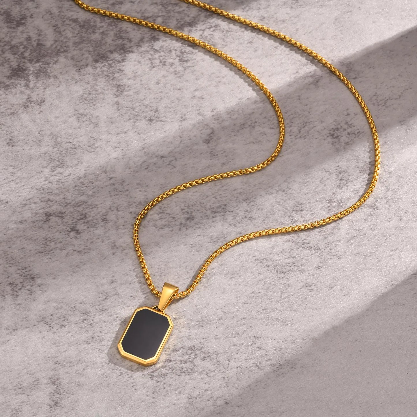Men's Modern Geometric Stainless Steel Black Onyx Rectangle Necklace - Lovez Aqua© - 3 / 60cm