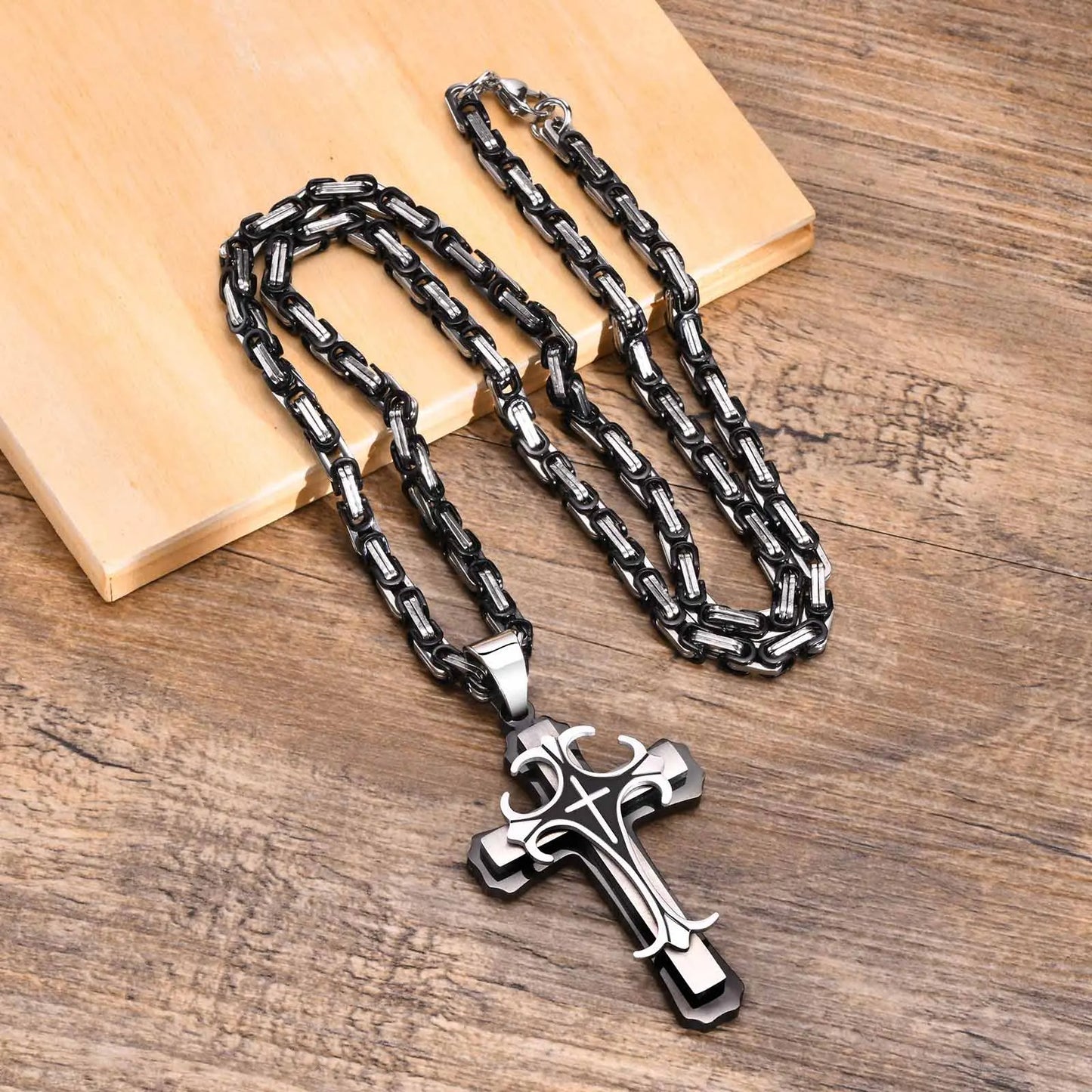Men's Stainless Steel Religious Cross Pendant Necklace With Byzantine Chain - Lovez Aqua© -