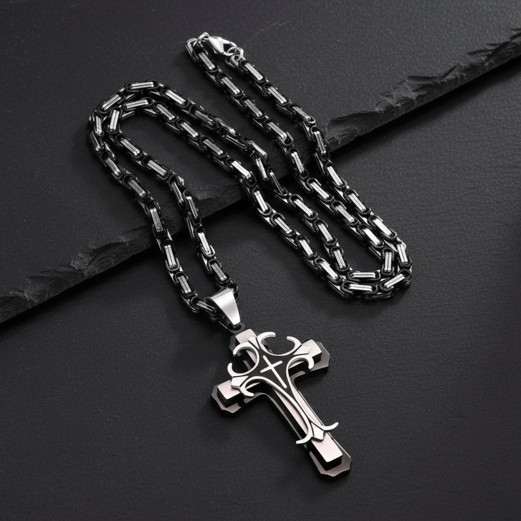 Men's Stainless Steel Religious Cross Pendant Necklace With Byzantine Chain - Lovez Aqua© -