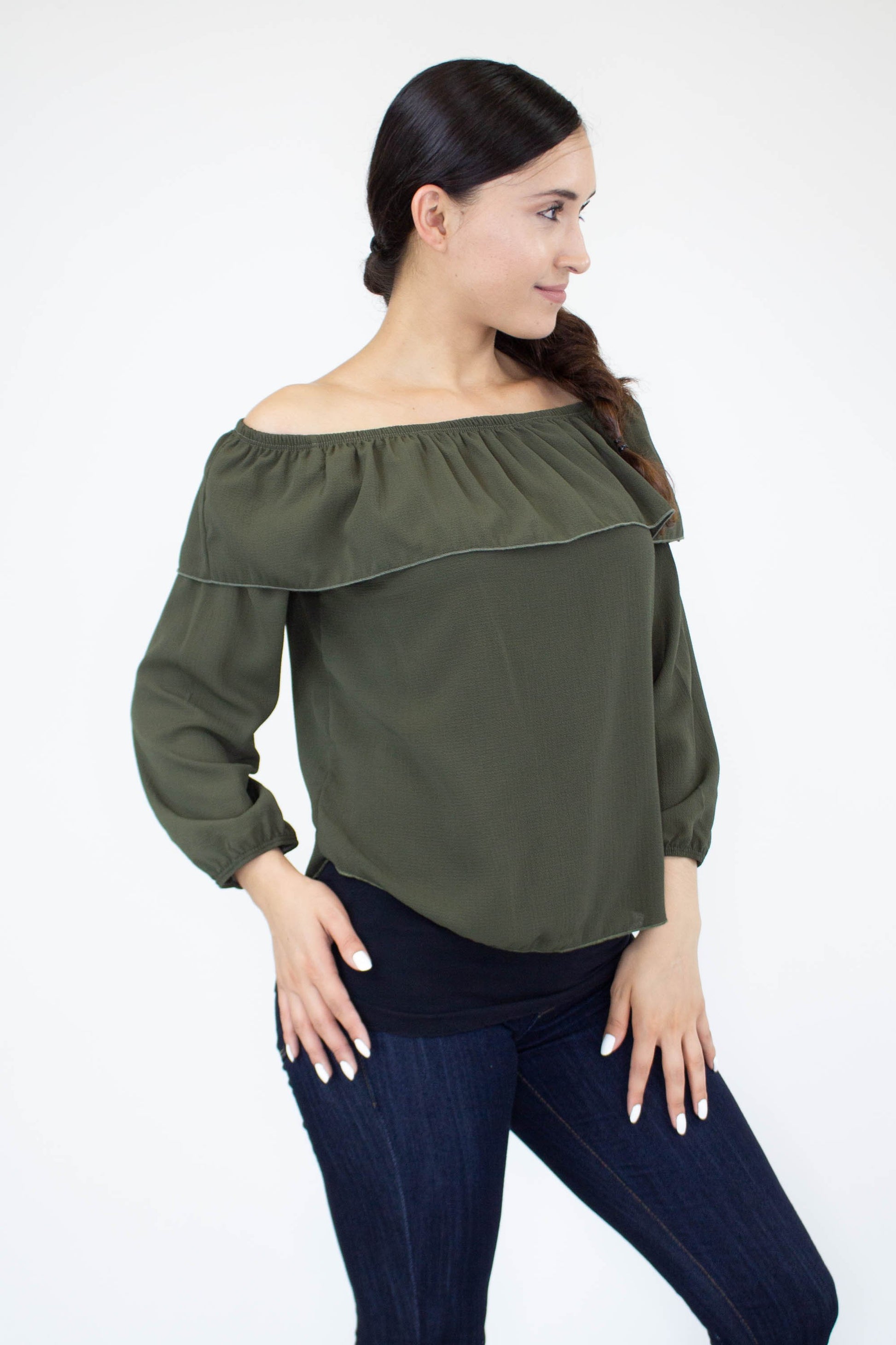 Women's Olive Colored Balloon Sleeve Blouse with Ruffled Neckline - Lovez Aqua© -