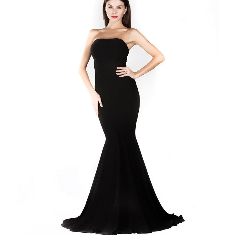 Elegant Strapless Black Floor-Sweeping Evening Gown with Mermaid Silhouette - Lovez Aqua© -