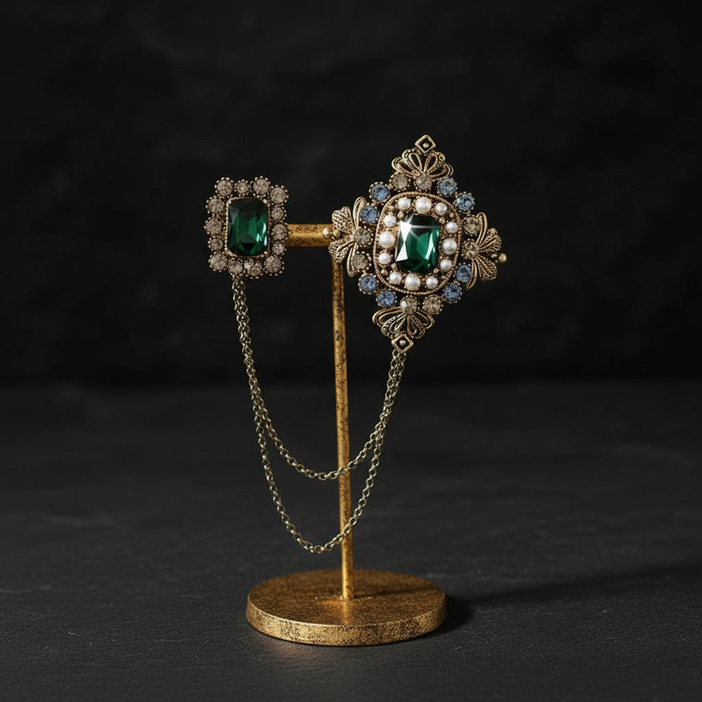 Men's Baroque Gold-Plated Tassel Chain Brooch with Emerald Green Gemstones - Lovez Aqua© - Green