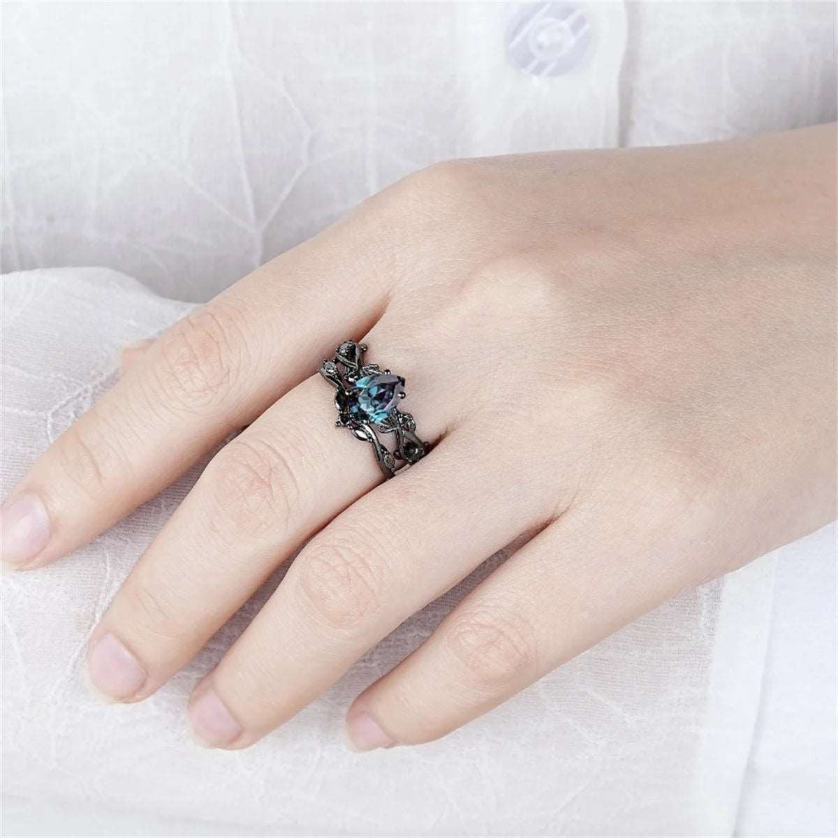 Gothic Black Gold Blue Waterdrop Zircon Rings with Black Rhinestone (2 Pieces) - Lovez Aqua© -