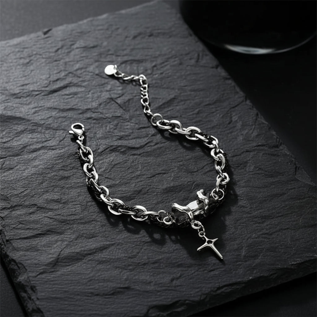 Men's Stainless Steel Gothic Retro Black Zircon Star Chain Bracelet - Lovez Aqua© - Transparent Gray