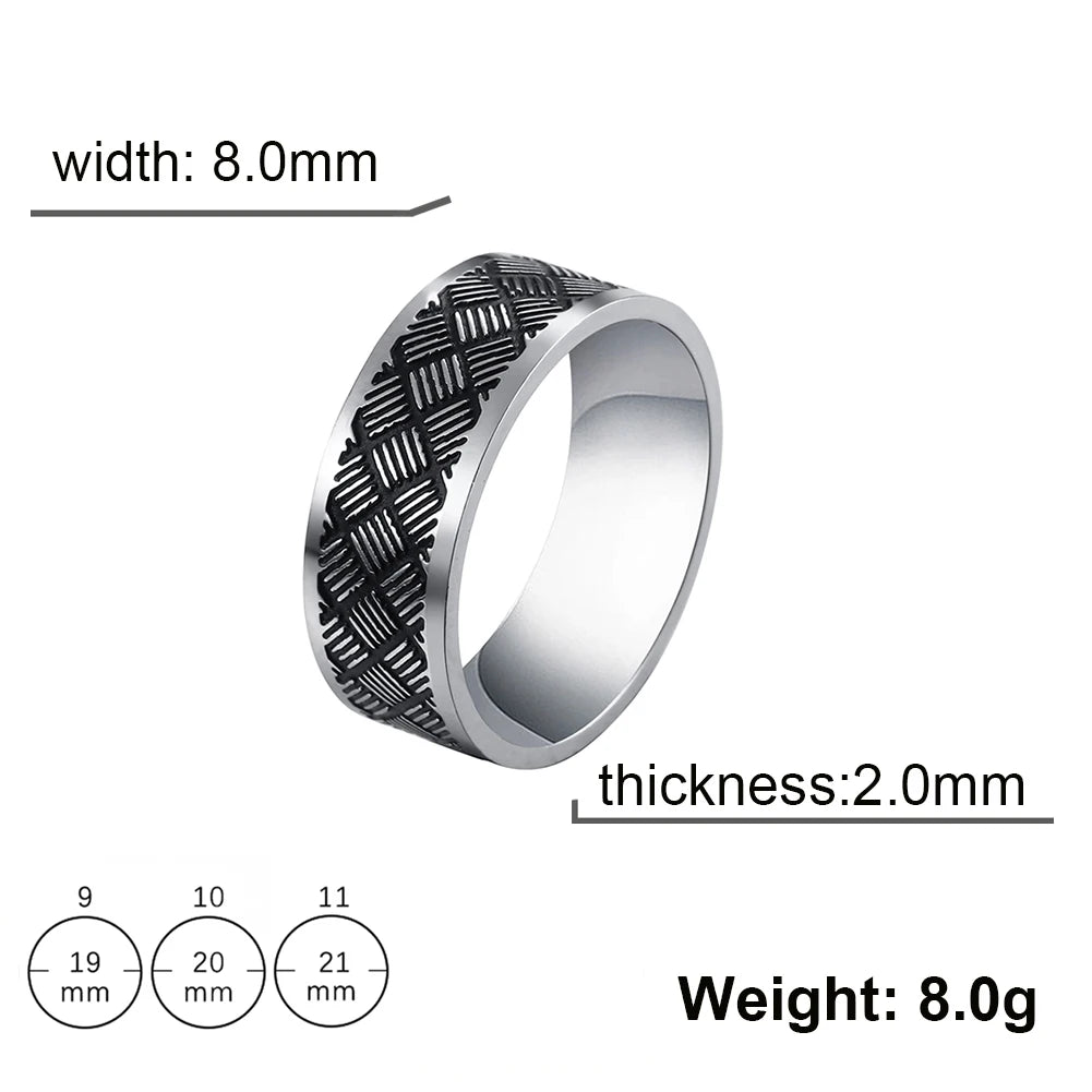 Men's Geometric Engraved Pattern Thick Stainless Steel Band Ring - Lovez Aqua© - Style 14 / 11