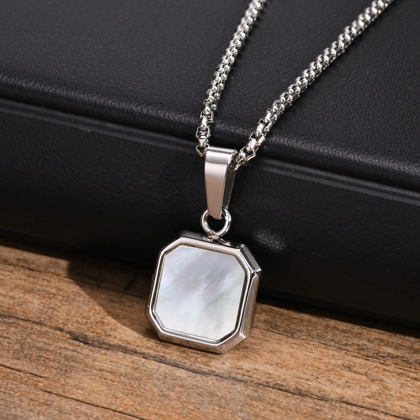 Men's Geometric Square Shell Pendant Necklace With Link Chain - Lovez Aqua© -