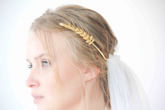 Women's Gold Greek Goddess Crown White Tulle Wedding Veil Headpiece - Lovez Aqua© -