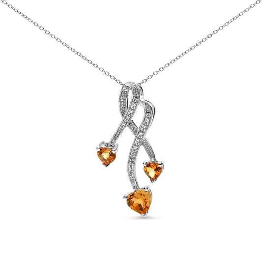 925 Sterling Silver 3-Stone Heart Citrine & Diamond Spiral Drop 18" Necklace