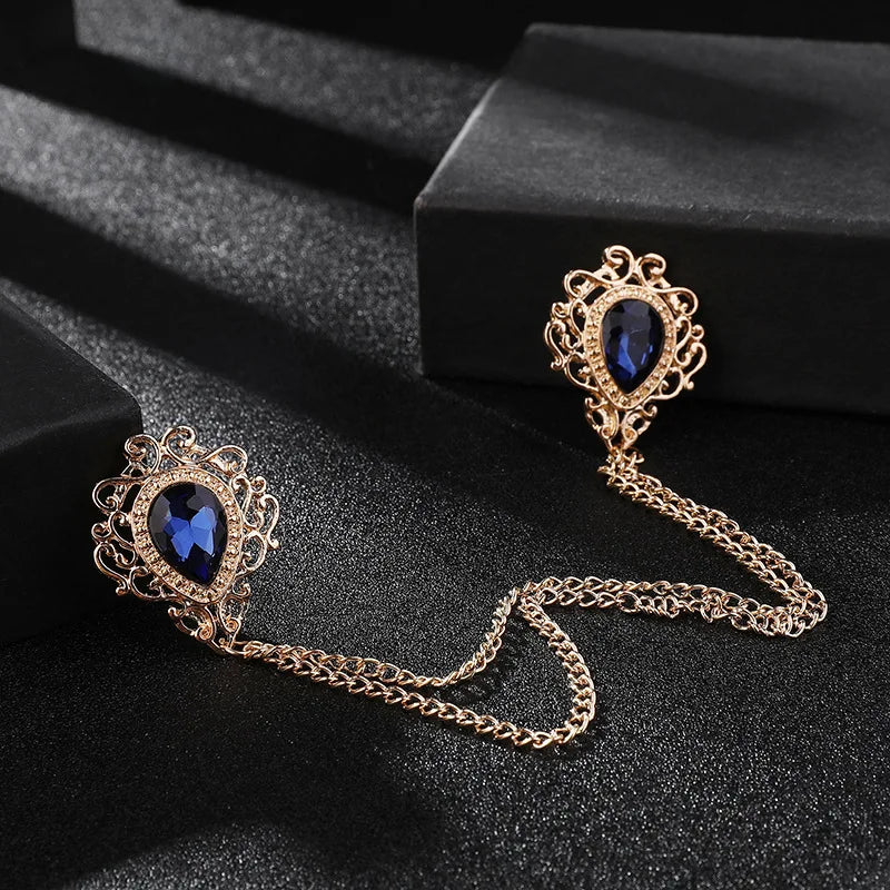 Men’s Vintage Style Tassel Chain Lapel Brooch With Gemstones - Lovez Aqua© - Gold Blue