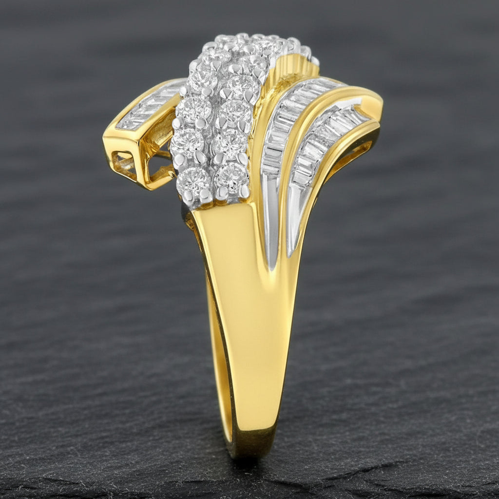 10K Yellow Gold 1.0 Cttw Round & Baguette Diamond Bypass Channel Statement Ring - Lovez Aqua© - -