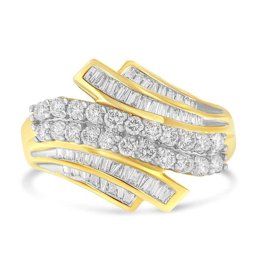 10K Yellow Gold 1.0 Cttw Round & Baguette Diamond Bypass Channel Statement Ring - Lovez Aqua© -