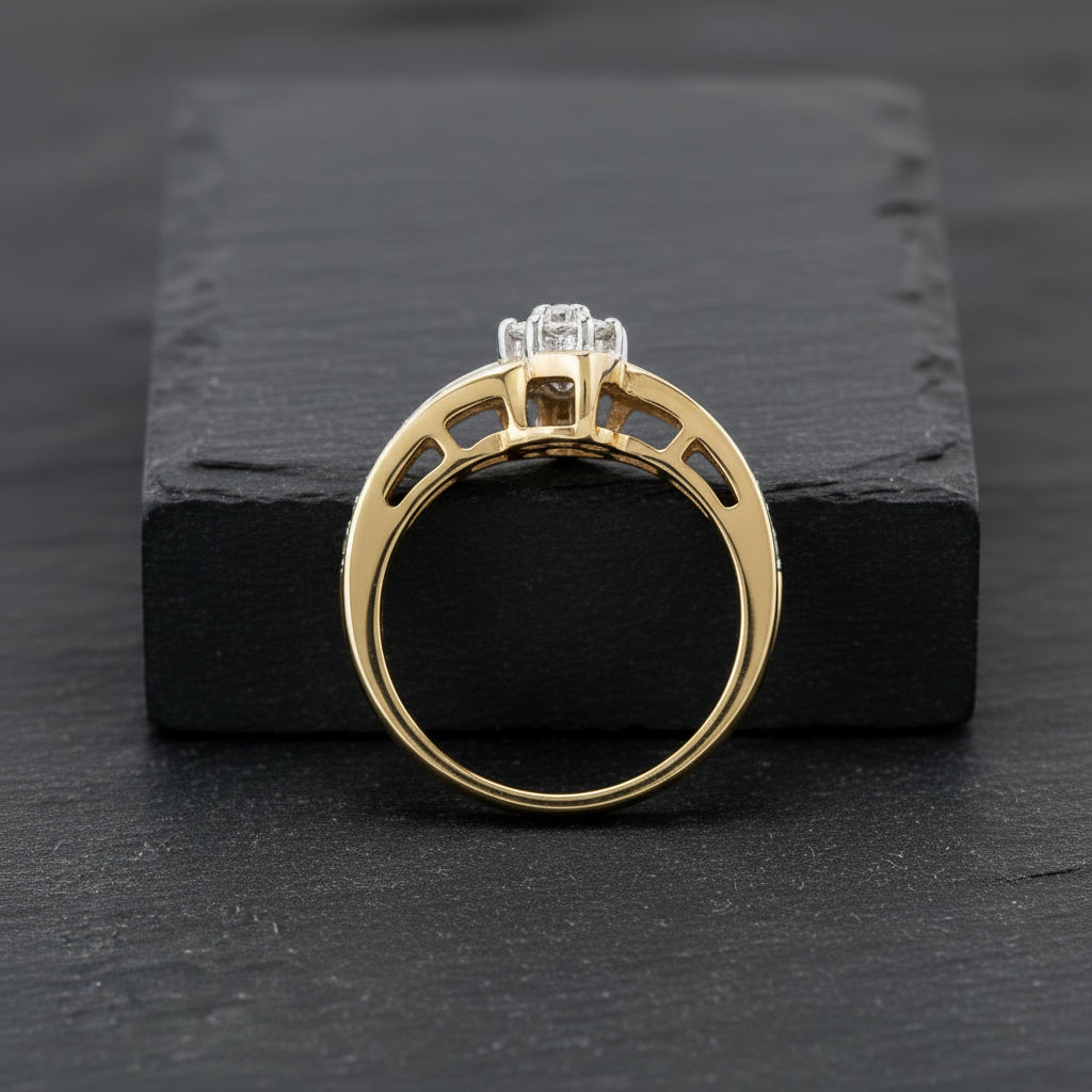 10K Yellow Gold 1/2 Cttw Round & Baguette-Cut Diamond Cluster & Channel Set Ring - Lovez Aqua© -