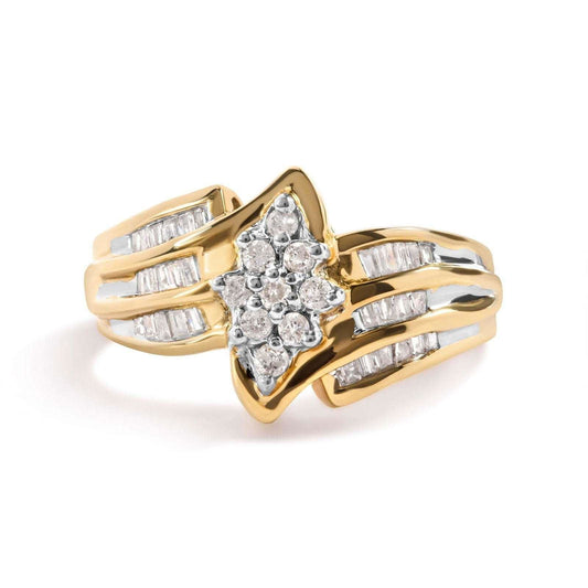 10K Yellow Gold 1/2 Cttw Round & Baguette-Cut Diamond Cluster & Channel Set Ring - Lovez Aqua© -