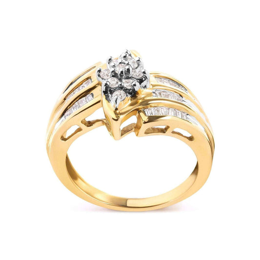 10K Yellow Gold 1/2 Cttw Round & Baguette-Cut Diamond Cluster & Channel Set Ring - Lovez Aqua© -