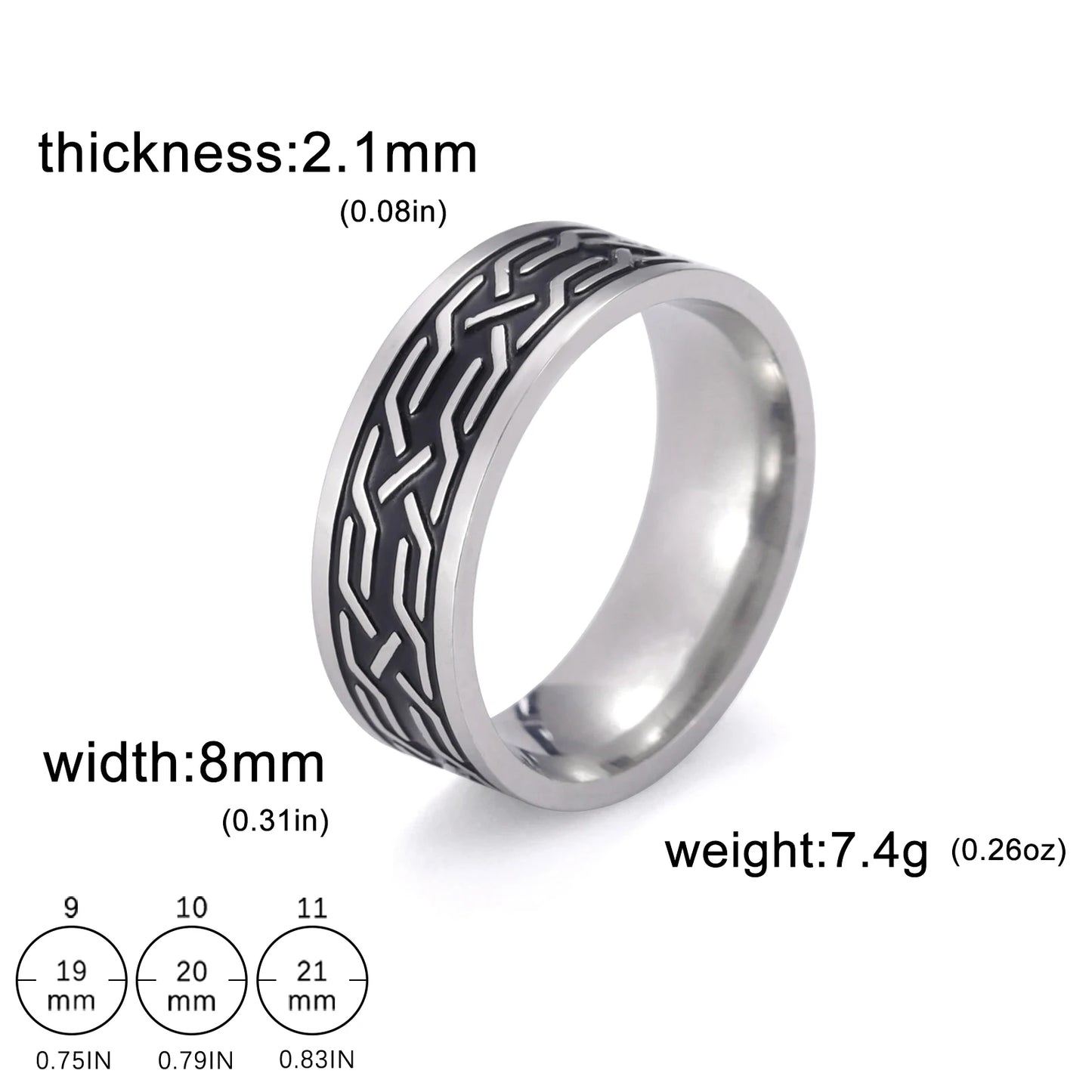 Men's Geometric Engraved Pattern Thick Stainless Steel Band Ring - Lovez Aqua© - Style 20 / 11