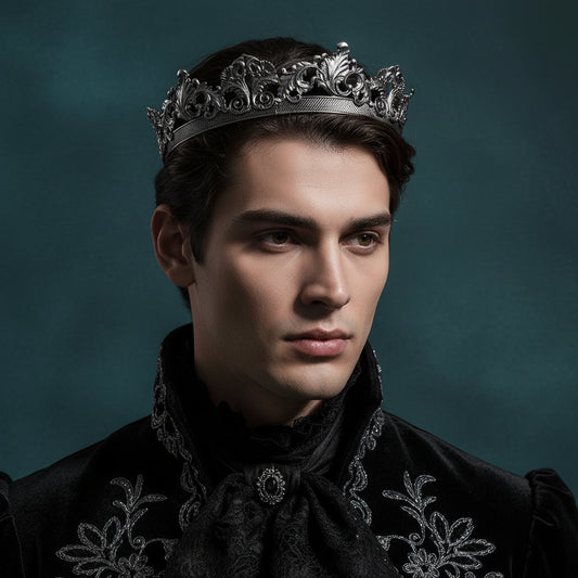 Men's Antique Silver Classic Baroque King Diadem Crown - Lovez Aqua© -