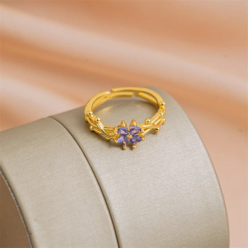 Elegant Gold Plated Ring with Marquise-Cut Amethyst Flower & Twisted Band - Lovez Aqua© -