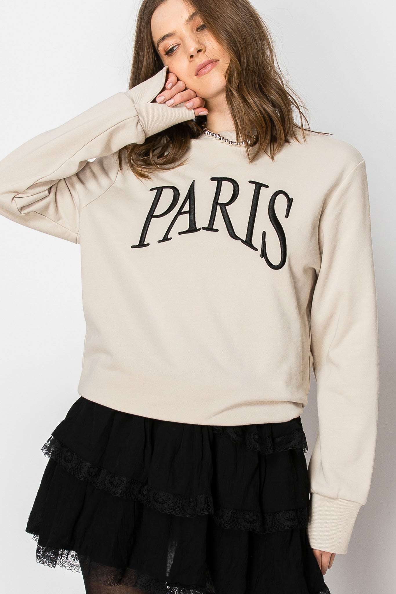 "Paris" Embroidered Women's Long Sleeve Crew Neck French Terry Sweatshirt