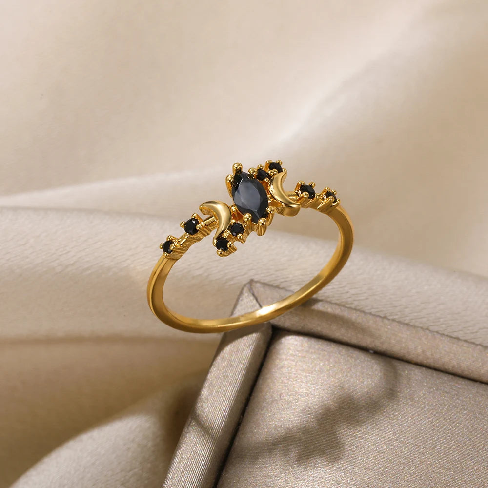 Women's Black Zircon & Stainless Steel Half Moon Ring With Embellishments - Lovez Aqua© -