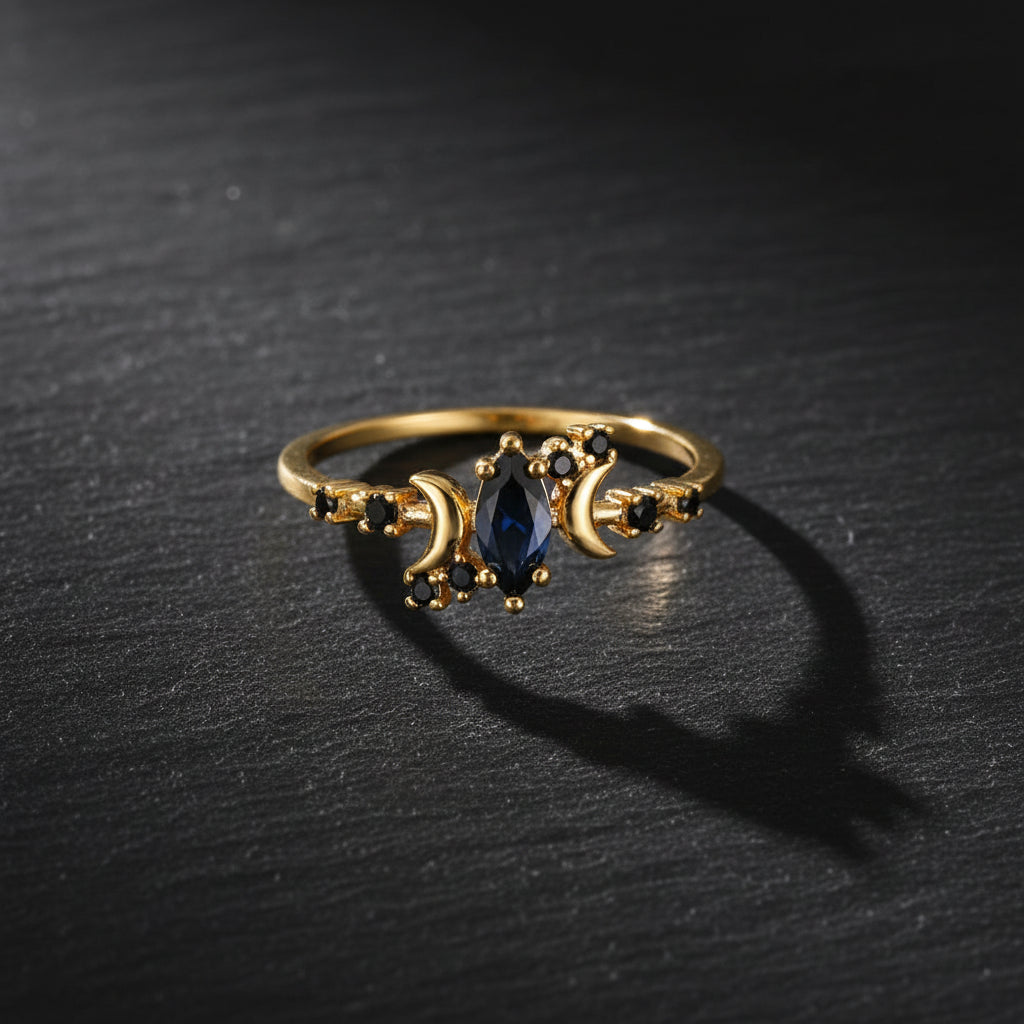 Women's Black Zircon & Stainless Steel Half Moon Ring With Embellishments - Lovez Aqua© -