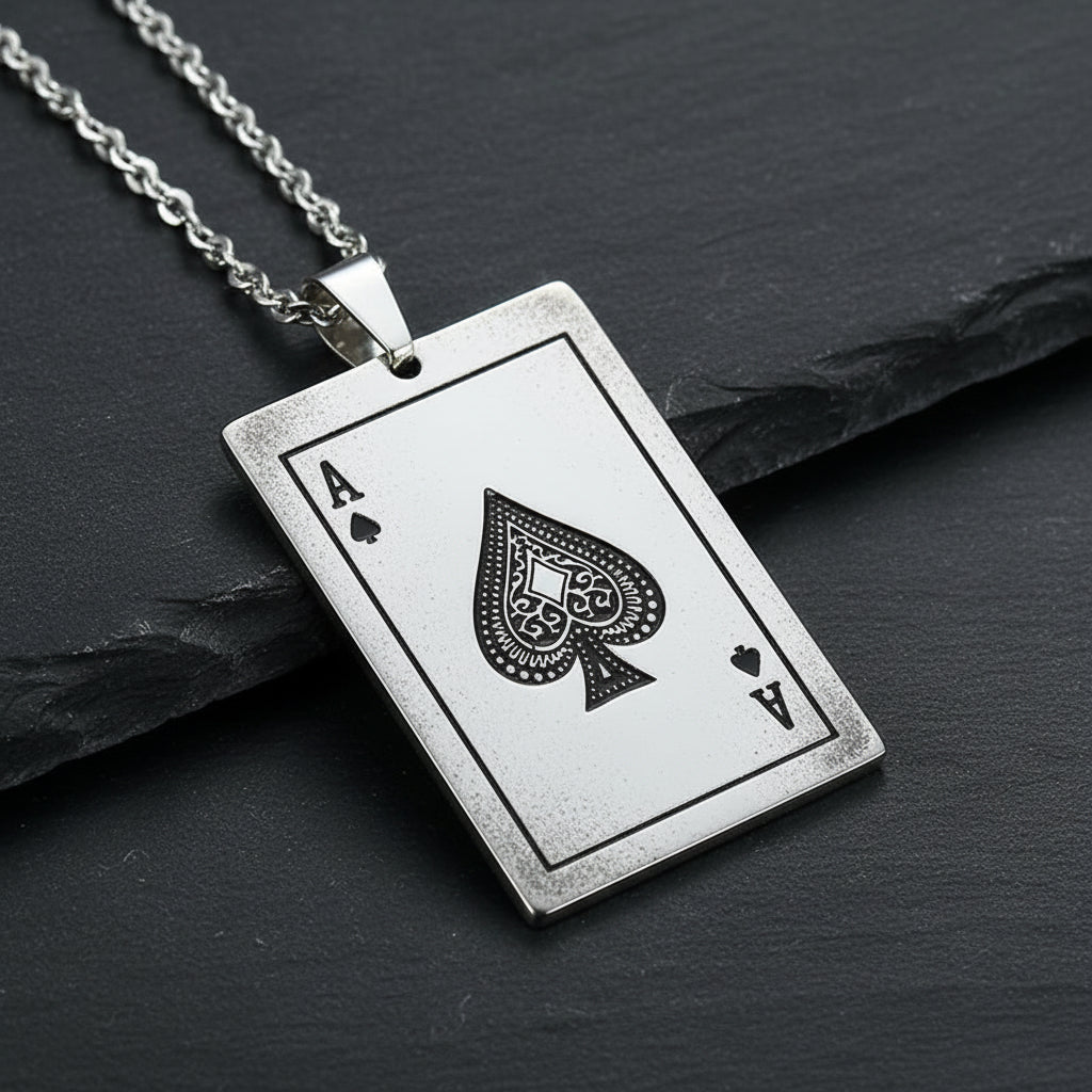 Men's Ace of Spades Poker Card Stainless Steel Dog Tag Necklace - Lovez Aqua© -