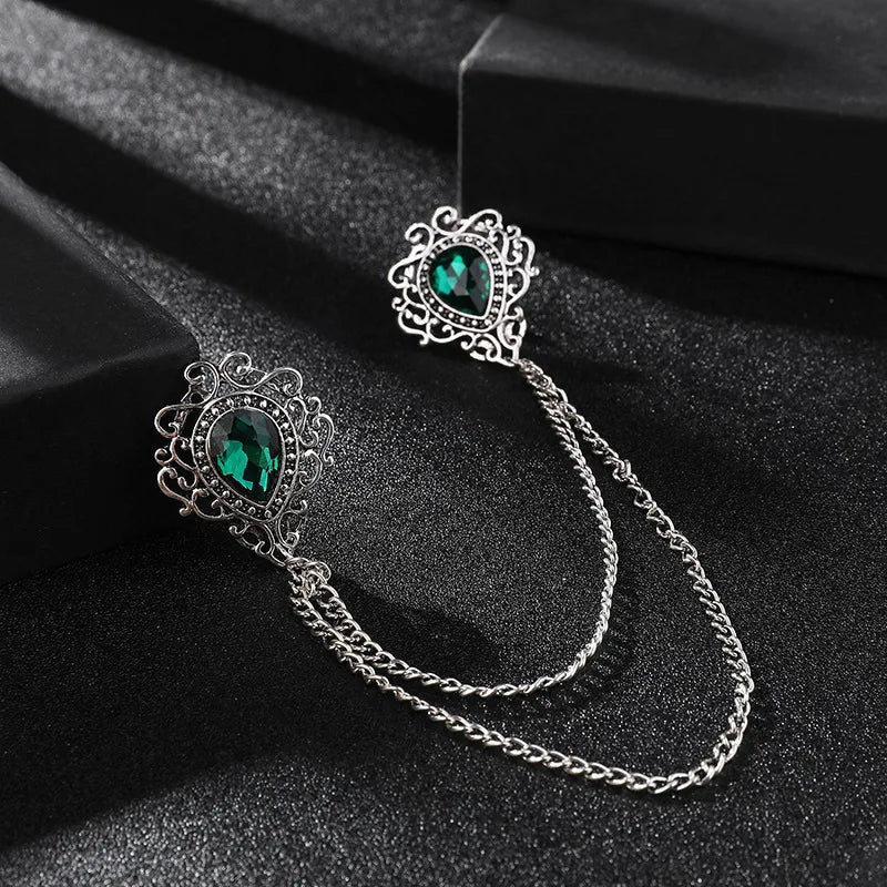 Men’s Vintage Style Tassel Chain Lapel Brooch With Gemstones - Lovez Aqua© - Silver Green
