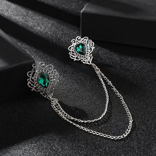 Men’s Vintage Style Tassel Chain Lapel Brooch With Gemstones - Lovez Aqua© - Silver Green
