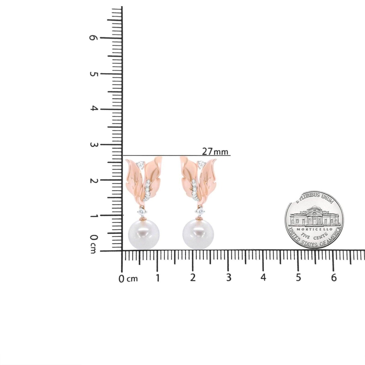 14K Rose Gold 1/6 Cttw Round Diamond & 8mm Round Pearl Floral Drop Stud Earrings - Lovez Aqua© -