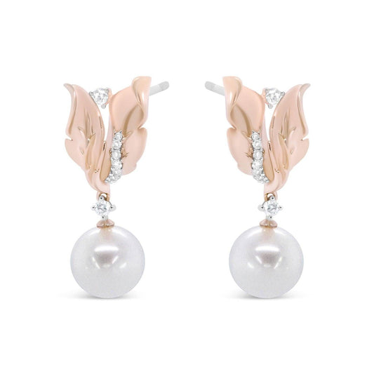 14K Rose Gold 1/6 Cttw Round Diamond & 8mm Round Pearl Floral Drop Stud Earrings - Lovez Aqua© -