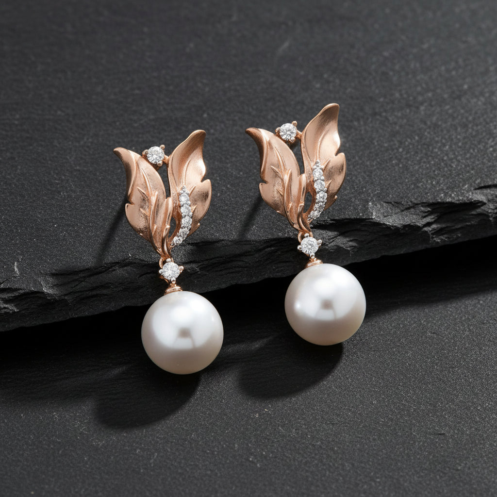 14K Rose Gold 1/6 Cttw Round Diamond & 8mm Round Pearl Floral Drop Stud Earrings - Lovez Aqua© -